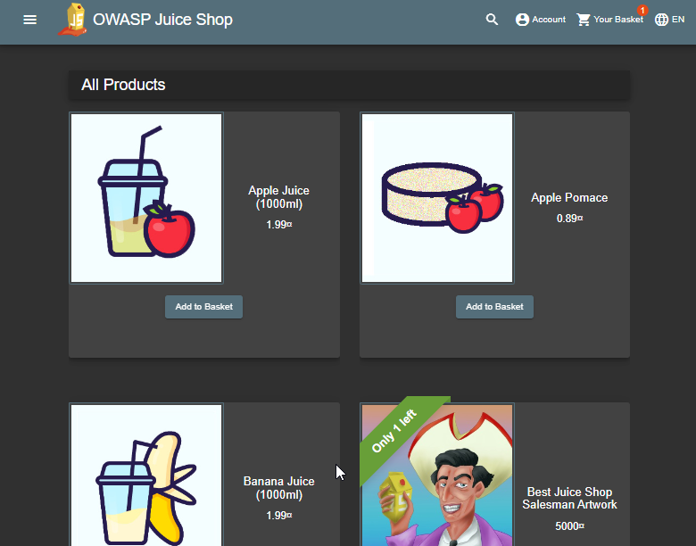 Screenshot of the Juice Shop web app